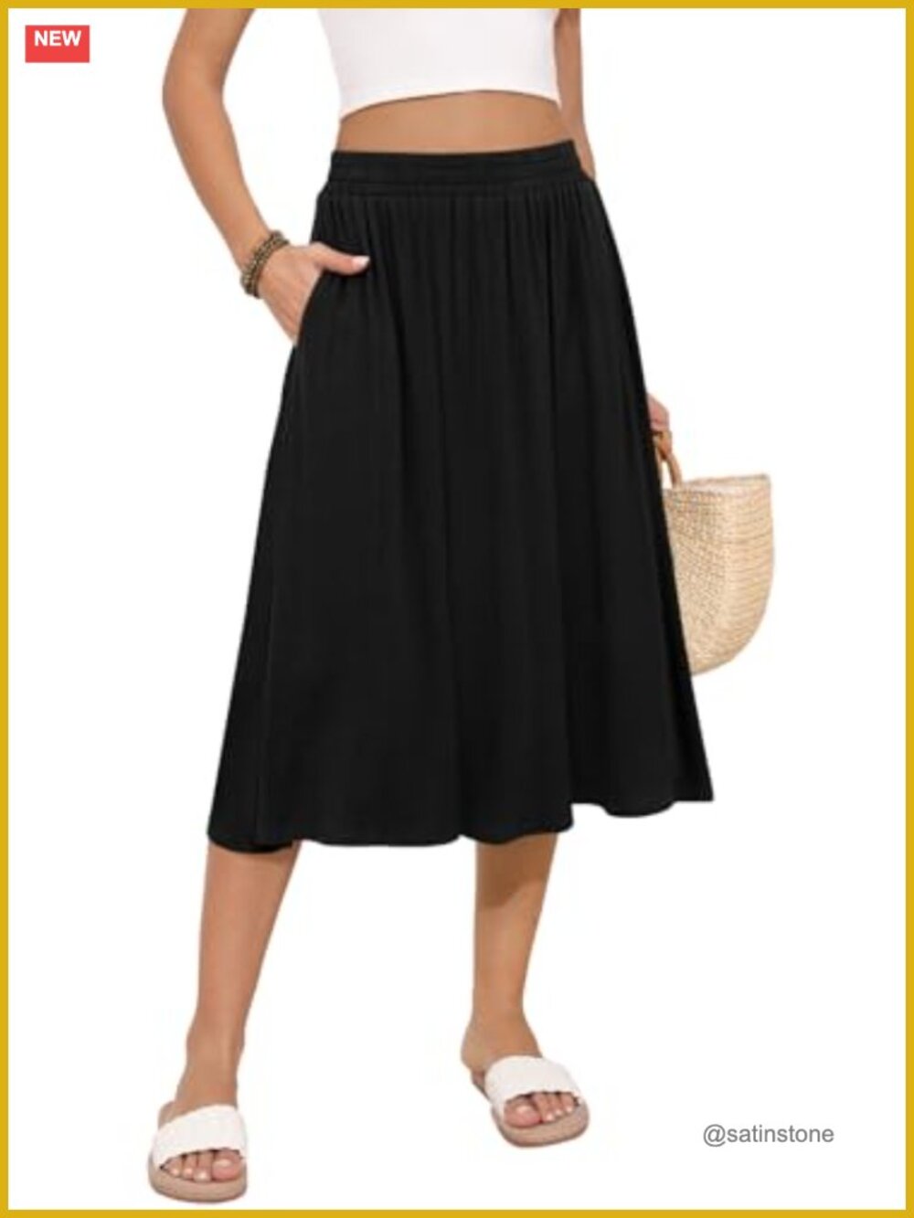 Womens Midi Skirt Summer Flowy Casual A-Line with Pockets S-3XL
